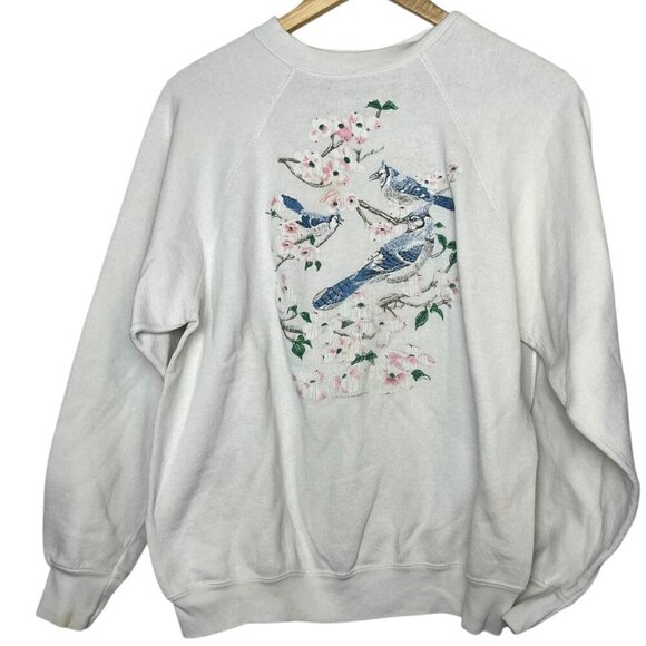 Vintage Tultex Women's M Blue Jay Print Crewneck Sweatshirt‎ Floral Grannycore - Picture 1 of 8
